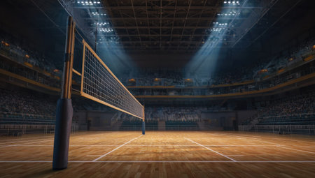 An empty volleyball court is displayed, with a net centered between poles under bright overhead spotlights. The image features a wooden floor with white court lines and a stadium backdrop. The composition suggests professional sports setting, suitable for promotional or editorial purposes.の素材