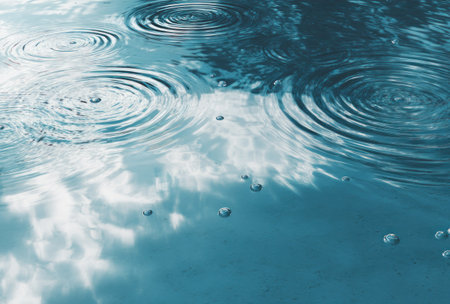 The image showcases a water surface with expanding concentric ripples. Reflections of a cloudy sky are visible, creating a dynamic visual effect. The composition highlights the interaction between light and water. This image could be used for various commercial or editorial purposes, conveying concepts like nature and abstraction.の素材