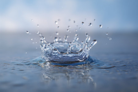 A close-up captures the moment a water droplet impacts a surface, generating a splash shaped like a crown. The image presents high-speed details of the liquid, in shades of blue. Its dynamic composition and clarity can be suitable for various advertising or illustrative uses.の素材
