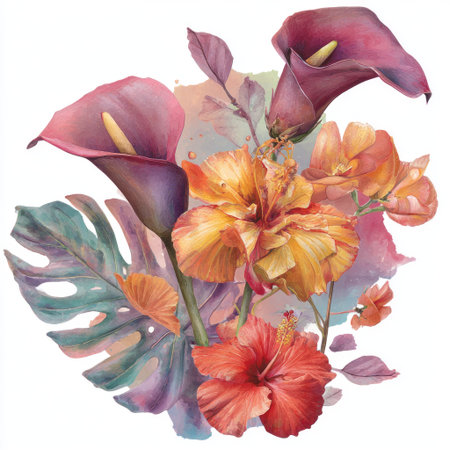 This watercolor illustration showcases a vibrant floral composition, featuring calla lilies and tropical flowers. The image exhibits a blend of orange, pink, and purple hues with a focus on detailed textures. The arrangement appears against a soft, blended background, suitable for diverse uses such as print and digital design projects.の素材