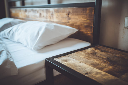 This image showcases a wooden bed featuring crisp white pillows, alongside a matching wooden bedside table. The scene is illuminated by soft, natural light, creating a warm, inviting atmosphere. The composition emphasizes the textures of the wood and linen, which could be suitable for interior design projects or lifestyle publications.の素材