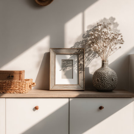 A wooden picture frame and a decorative vase containing dried flowers sit on top of a cabinet. The scene is bathed in natural sunlight, with shadows highlighting the textures of the objects. Suitable for various design projects and editorial uses, it portrays a sense of simple elegance.の素材