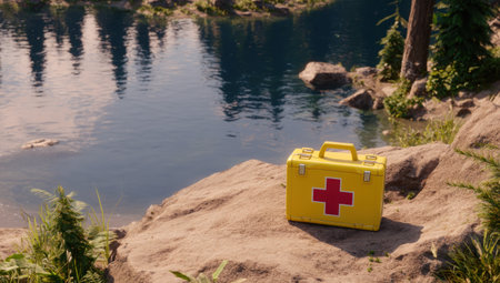 A bright yellow first aid kit with a red cross sits on a large rock next to a tranquil body of water. The scene displays a natural outdoor setting, likely during daylight. The composition features soft lighting and a focus on the primary subject, suggesting potential use for safety or emergency concepts.の素材