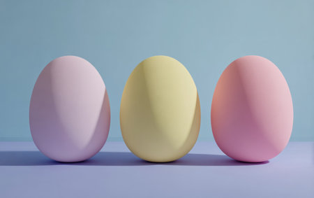 Three pastel-colored eggs in a row, with shadows cast on a light purple surfaceの素材