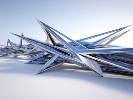 Abstract, metallic, spiky structure on white surface with a gradient light blue backgroundの素材