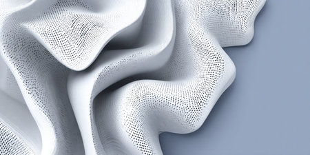 Abstract digital rendering of flowing, dotted fabric against a blue-grey backdropの素材