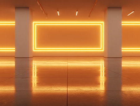 Modern, empty room with orange neon lighting, columns, and a reflective floorの素材