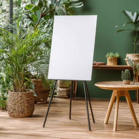 A blank white canvas on an easel in a room filled with lush green plantsの素材