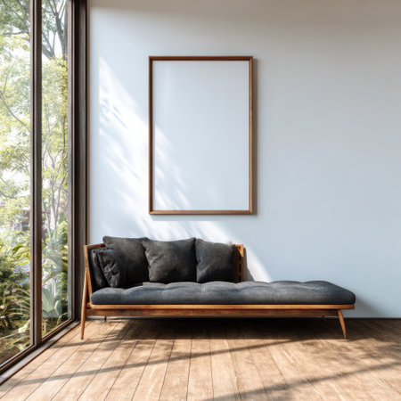Modern living space features a dark chaise lounge, large window, and a framed blank canvasの素材