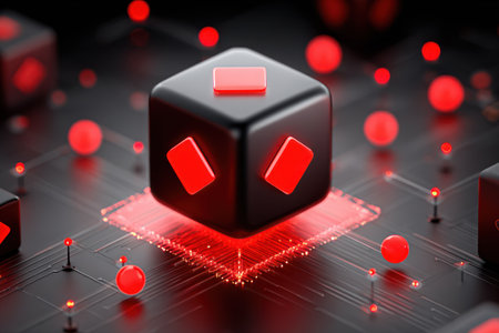Cubes with glowing red markings sit on a circuit board background with red spheresの素材