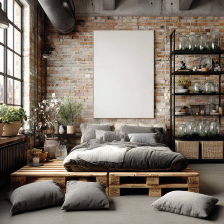 Bedroom with bed on pallets, exposed brick wall, large window, shelves, minimalist designの素材