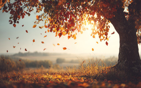 Sunlight streams through a tree with falling leaves in an autumnal, scenic landscapeの素材