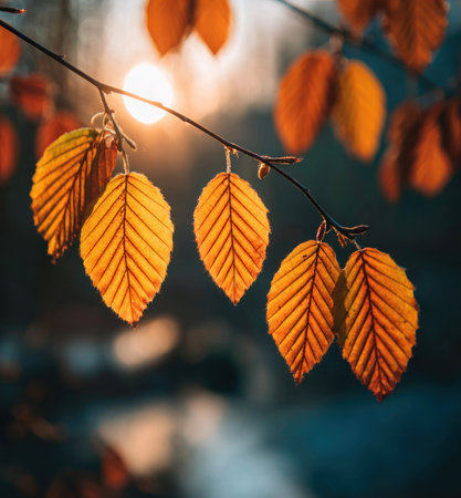 Golden autumnal leaves hang from a branch, sun setting in the blurred backgroundの素材