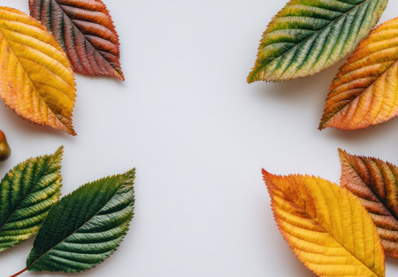Colorful autumn leaves of varying shades and hues are artfully arranged on a white backdropの素材