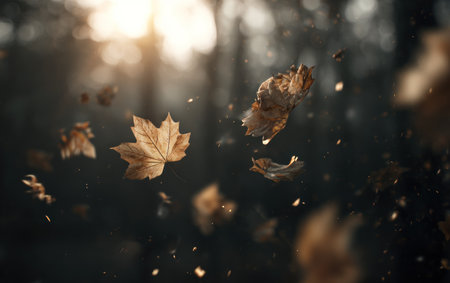 Autumnal image showcasing falling leaves against a blurred, sunlit forest backdropの素材