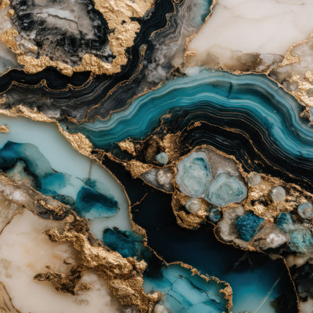This artwork presents a rich tapestry of textures and colors, blending shades of turquoise, gold, black, and cream. The composition showcases fluid patterns and organic shapes, mimicking natural elements. The image uses high-contrast lighting and could be ideal for various commercial or decorative applications.の素材