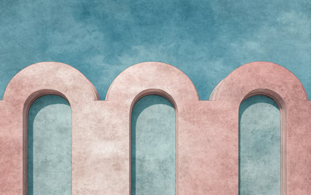 This image showcases an abstract architectural detail, highlighting a row of arched openings against a textured backdrop. The composition features a pastel color palette with shades of pink and blue, creating a visually appealing aesthetic. Suitable for various applications, including design projects and illustrative content.の素材