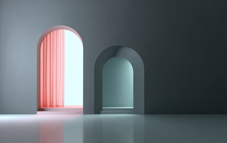 An artistic interior scene showcases multiple archways with a play of light and shadow. The image features smooth, glossy surfaces and a blend of soft colors, with a prominent use of pastel hues. The composition suggests a sense of depth and geometric interest, making it suitable for various creative applications.の素材
