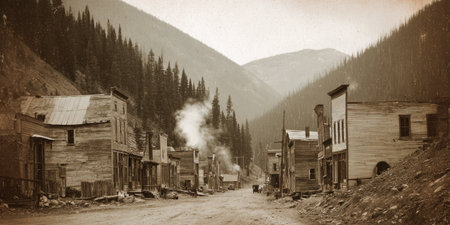 A sepia toned image of an old western town nestled in a mountain valleyの素材