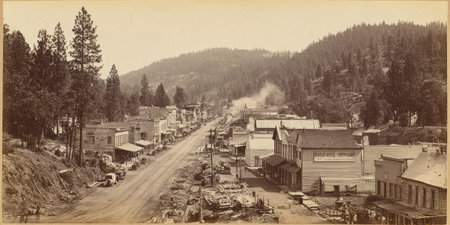 Vintage panoramic of a frontier town, dusty main street flanked by buildings, hillsの素材