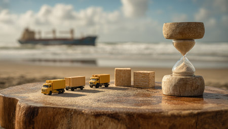 Miniature trucks, blocks &amp; hourglass on a wood slice by the shore. Ship in backgroundの素材