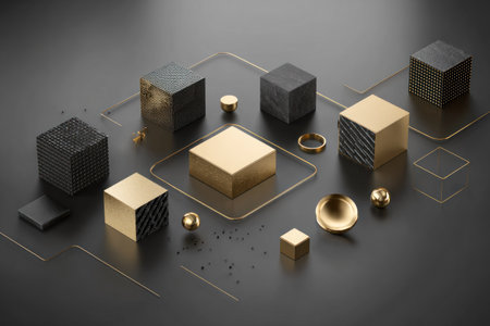 Elegant geometric composition of cubes with varying textures, gold accents on a dark surfaceの素材