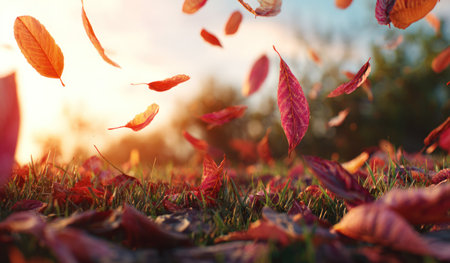 Low-angle shot of colorful autumn leaves falling onto green grass, sunlit backgroundの素材