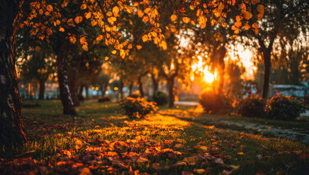 A park at sunset, with golden light filtering through trees and fallen leavesの素材
