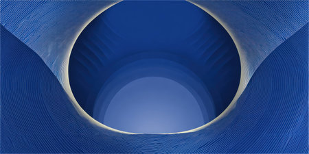 An abstract artwork features a deep blue color palette with curved lines and a central circular form. The composition highlights contrasting textures and gradients, with soft lighting defining the shapes. This image might be suitable for various design applications, including graphic design, website backgrounds, or conceptual illustrations.の素材