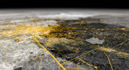 This abstract image showcases a close-up view of a textured surface. The composition highlights a network of golden yellow veins and intricate patterns against a contrasting dark and light background. The style suggests a focus on detail, possibly suitable for artistic or commercial purposes. The lighting appears soft, emphasizing the textures.の素材