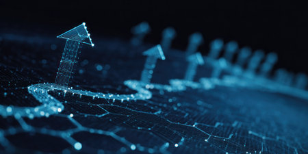 An artistic representation features digital arrows ascending, suggesting growth within a network structure. The image employs shades of blue with a focus on geometric forms and interconnected lines. It evokes themes of progress, technology, and connectivity, suitable for diverse uses in design and editorial content.の素材