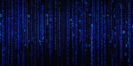 An abstract depiction showcases vertical streams of binary code in a deep blue hue against a black backdrop. The composition features a repeating pattern of numbers arranged in a matrix-like formation. This digital design suits various applications, including website backgrounds, presentations, and illustrations related to technology.の素材