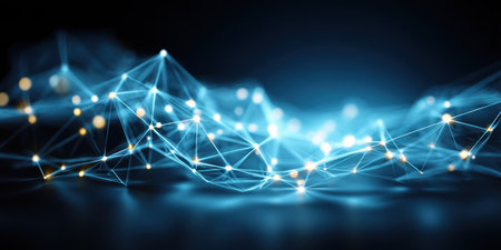 An abstract visual showcases a network of interconnected nodes and lines in a futuristic style. The image highlights a blue and white color scheme, with illuminated points against a dark backdrop. Suitable for applications related to technology, data, or digital innovation, the image has potential commercial use.の素材