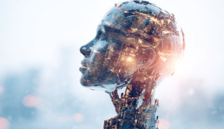 An artistic representation features a human head profile overlaid with a vibrant city scene. The composition presents a blend of technological elements and human form. The image uses a soft lighting scheme. This visual could be used in various commercial applications.の素材