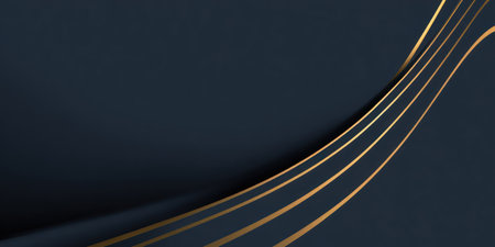 This image presents a modern abstract design featuring flowing, curved lines in a metallic gold color against a dark blue backdrop. The composition is clean and minimalist, with a play of light and shadow, suggesting a sense of depth and dimension. This design may be suitable for various commercial purposes and editorial content.の素材