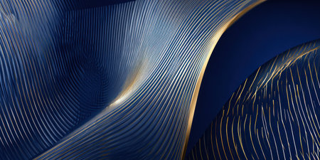 An abstract graphic features flowing lines in shades of blue with highlights of gold. The composition employs a gradient background, suggesting depth and dimension. This design may be suitable for various commercial uses, including website backgrounds, print design, and digital artwork.の素材