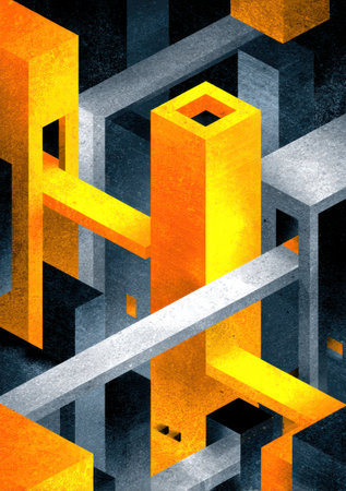 This image presents an abstract composition featuring geometric shapes in shades of orange and gray. The artwork showcases interconnected blocks and structures, creating a complex visual pattern. The style uses hard edges and strong contrasts, suggesting a digital or conceptual origin. It could be used for various design, marketing, or illustrative applications.の素材