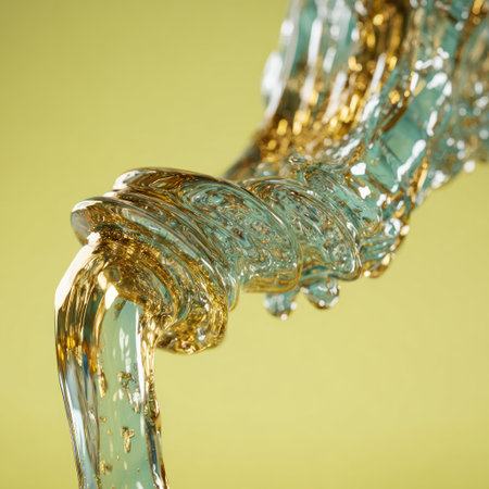 An abstract artwork showcases a stream of flowing liquid, featuring transparent turquoise and reflective golden tones. The composition presents intricate details and textures, possibly created digitally. Suitable for various creative projects, this image may find applications in advertising or design across various industries.の素材
