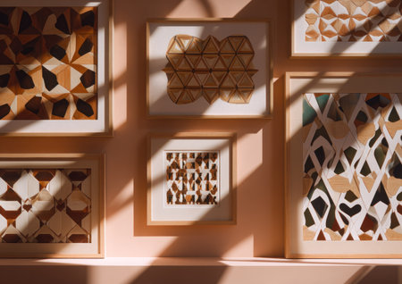 An assortment of framed artwork is displayed against a salmon-colored wall, creating a modern gallery. The geometric designs use various tones and textures. Sunlight casts shadows across the composition. The style is minimalist with a warm palette, suggesting potential usage in home decor and editorial projects.の素材
