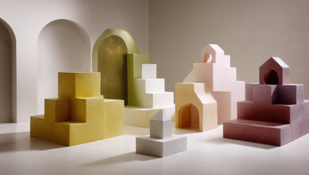 The image features various geometric structures in a range of pastel colors, arranged against a neutral backdrop. The composition showcases architectural shapes, possibly hinting at a design concept. The lighting is soft, highlighting the textures and forms. It could be used for advertising, design projects, or artistic illustrations.の素材