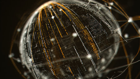 An illustration features a digital globe, composed of lines and connected points. The composition uses a dark backdrop, and highlights gold and white elements. This image has a modern aesthetic, with a suggestion of technological processes and networks. Suitable for illustrating complex subjects in diverse commercial applications.の素材