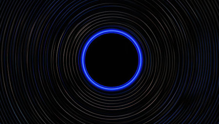 A vibrant blue ring emanates light against a stark black background, surrounded by radiating concentric circles. The composition features a symmetrical arrangement, offering a modern and minimalist aesthetic. This design is suitable for use in various commercial contexts, including website backgrounds and graphic design projects.の素材