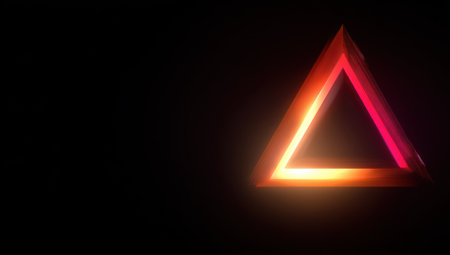 An illuminated triangle glows brightly against a stark black backdrop. The geometric shape is rendered in warm colors. The composition emphasizes the contrast between light and dark, suggesting depth and dimension. This image may be suitable for illustrating technology, design, or abstract concepts.の素材