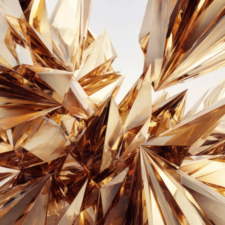 An abstract composition features a central cluster of golden crystal structures. The image showcases sharp, multifaceted surfaces with strong light reflections and color variations, indicating a dynamic light source. This stylized artwork could be suitable for various design projects and visual content.の素材