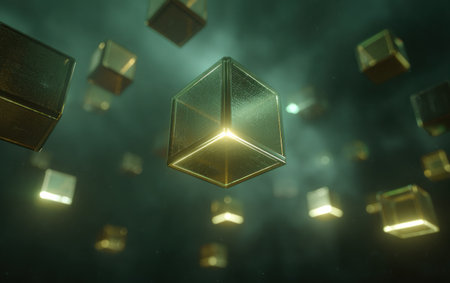 Numerous golden cubes are suspended against a dark, moody background. The objects are illuminated with strong light, creating a dramatic atmosphere. The composition emphasizes depth and form. This image could be suitable for various abstract projects, digital art, or commercial design purposes.の素材