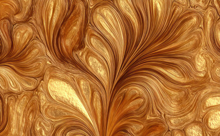 This image presents a close-up view of an abstract design featuring flowing, organic shapes. The texture is dominated by shades of gold and brown, creating a sense of depth and movement. The composition suggests a decorative or artistic application, suitable for various creative projects, including editorial uses.の素材