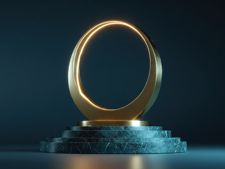 A golden ring sculpture rests on a multi-tiered stone pedestal. The ring glows with internal light, set against a dark, moody background. The scene suggests a luxury or futuristic theme with a focus on geometric shapes and elegant design. Suitable for advertising or artistic projects.の素材
