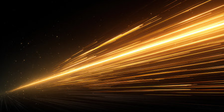 This image presents abstract light trails in shades of gold against a dark backdrop. The composition features dynamic streaks suggesting movement and speed. The visual style is modern, with a focus on lines and light. It is potentially useful for illustrating concepts of technology, data flow, or creative energy. Suitable for various commercial and editorial applications.の素材