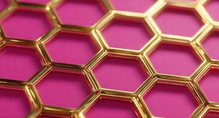 A close-up showcases a repeating honeycomb pattern composed of gold-colored cells against a vivid pink backdrop. The image features a shallow depth of field, highlighting the structure's intricate design. The smooth, reflective surface of the gold contrasts with the matte pink. Suitable for use in design, technology, or abstract themes.の素材