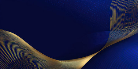 This image presents a dark blue background with elegant, flowing golden lines. The composition features a dynamic, curved design suggesting movement and sophistication. The textures and color palette create a sense of luxury and depth. Suitable for various applications, including website design and promotional material.の素材